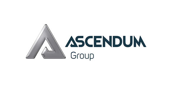 Links steht ein futuristisches, graues A; daneben Ascendum Group in blau gehalten; weißer Hintergrund