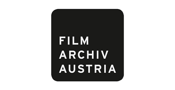 weißer Schriftzug Filmarchiv Austria auf einem schwarzen, abgerundeten Quadrat; weißer Hintergrund