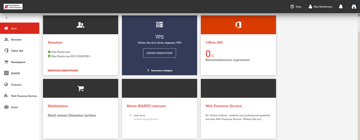 A1 Marketplace Admin Portal Startseite